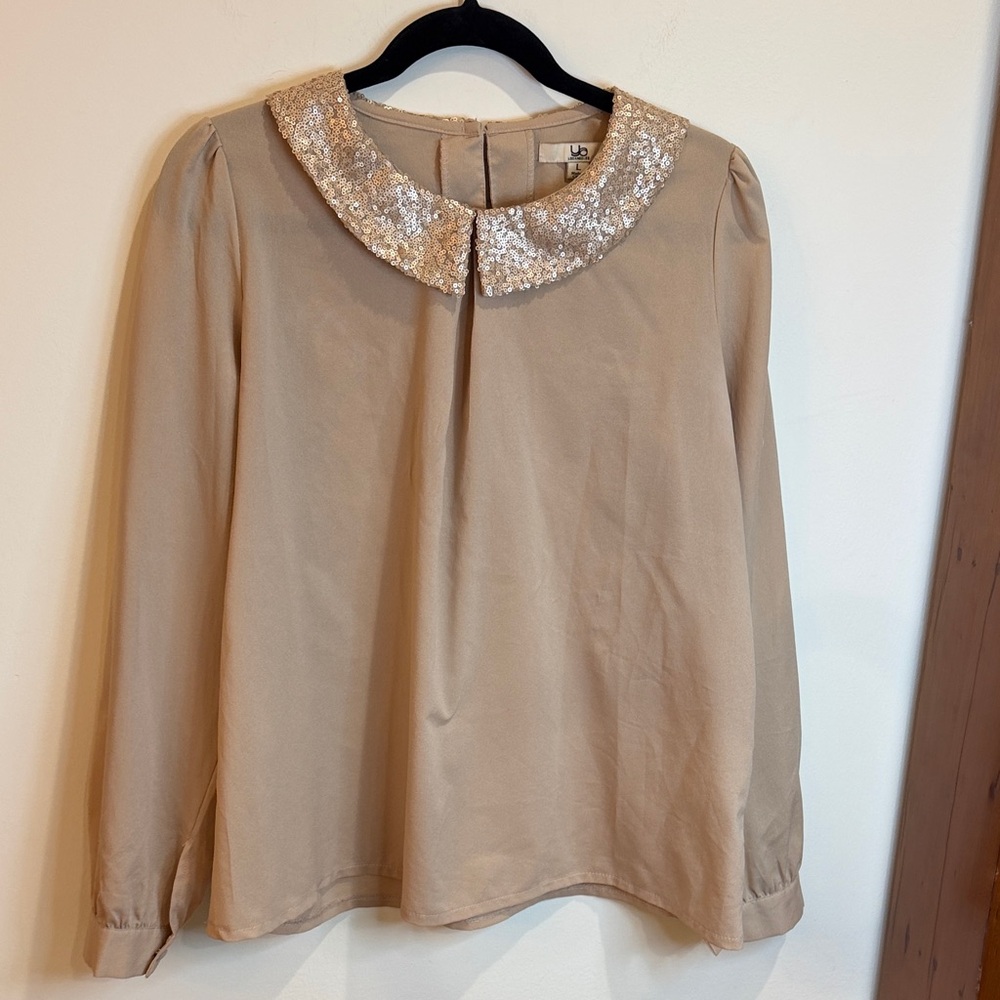 Ya Los Angeles Blouse w/Circular Metallic Sequins Peter Pan Collar, L- Parisian